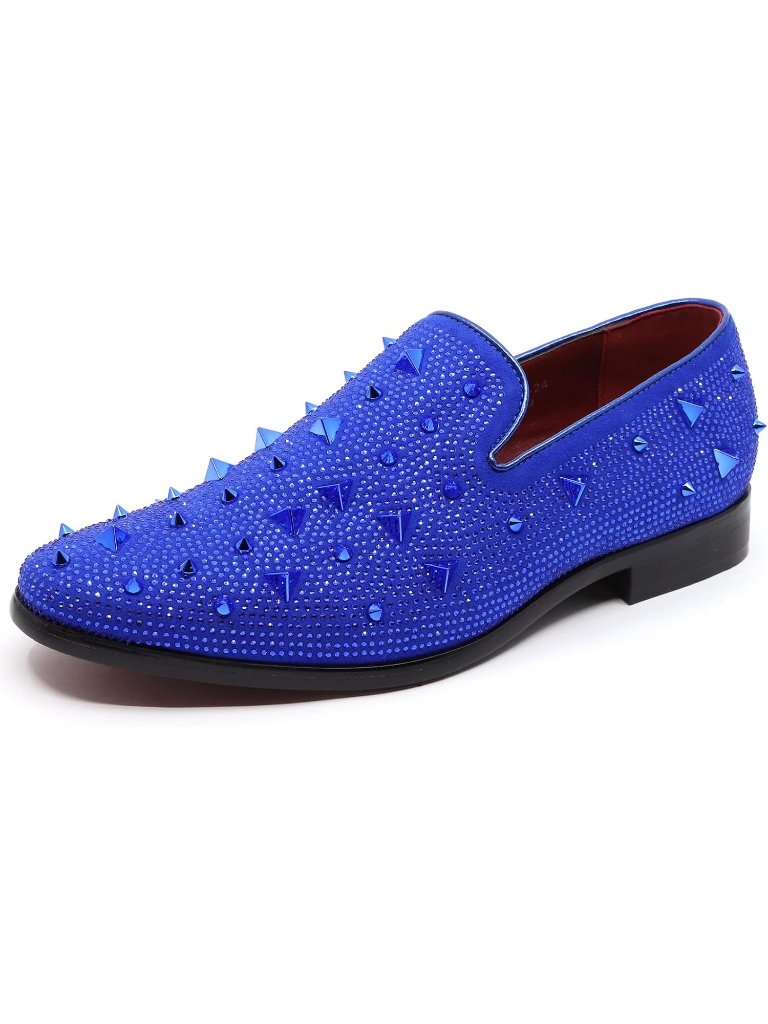 Matrocharm Men's Blue Rubber Vintage Spike Rhinestone Loafer Slip On Party Shoes